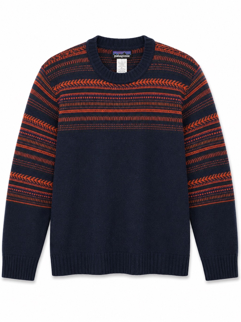 Patagonia Mens Nordic Crew Sweater Small Navy Orange Lambswool Fair Isle 51065